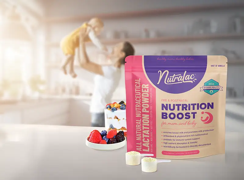 Nutralac Bag On Counter With Mother And Baby In The Background